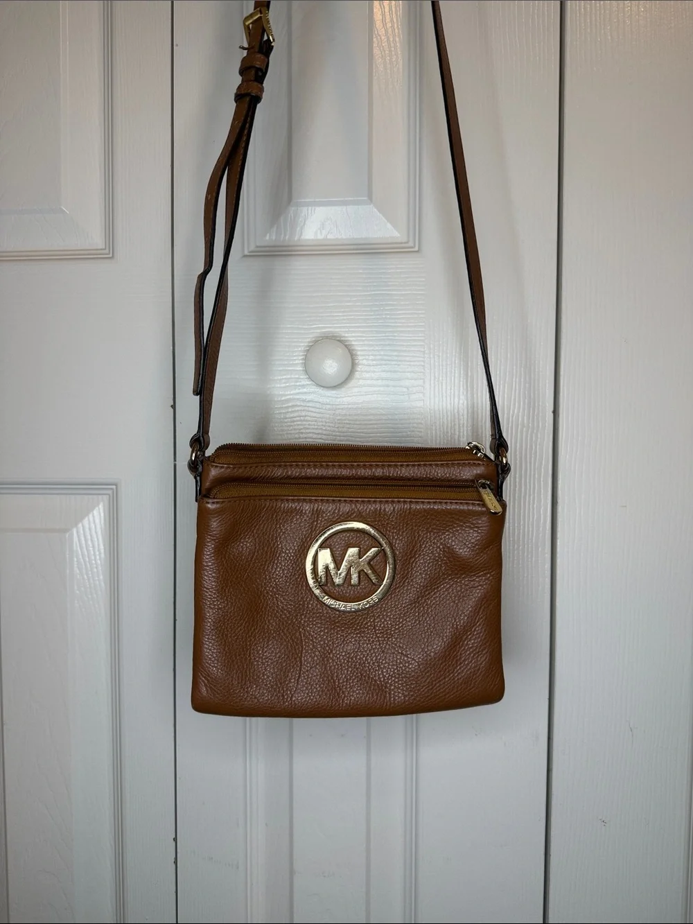 Michael Kors Cognac Leather MK Logo Crossbody Bag